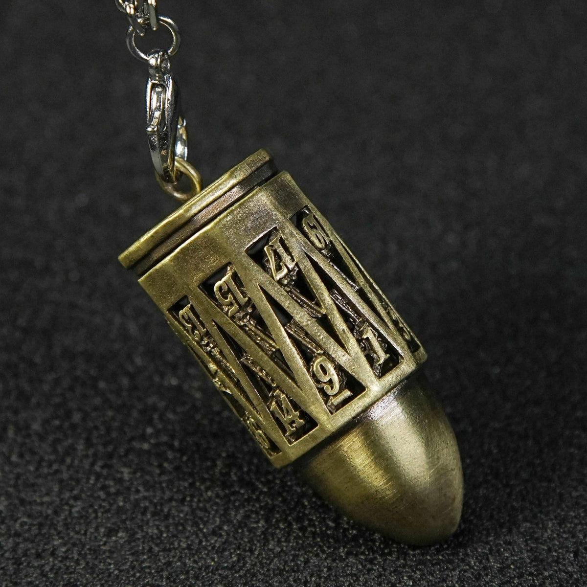 Antique Bronze Metal Bullet Dice Set – Bronze Metal Hollow D20 Bullet Dice Cage Pendant + 7 Mini RPG Dice Set