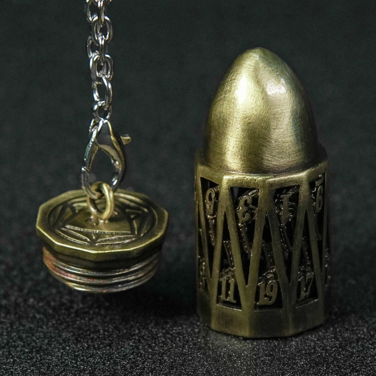 Antique Bronze Metal Bullet Dice Set – Bronze Metal Hollow D20 Bullet Dice Cage Pendant + 7 Mini RPG Dice Set