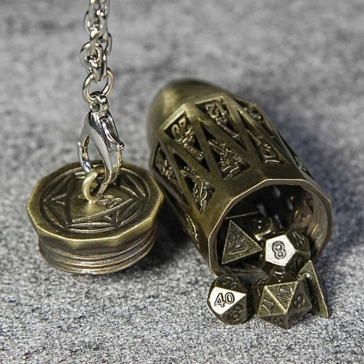 Antique Bronze Metal Bullet Dice Set – Bronze Metal Hollow D20 Bullet Dice Cage Pendant + 7 Mini RPG Dice Set