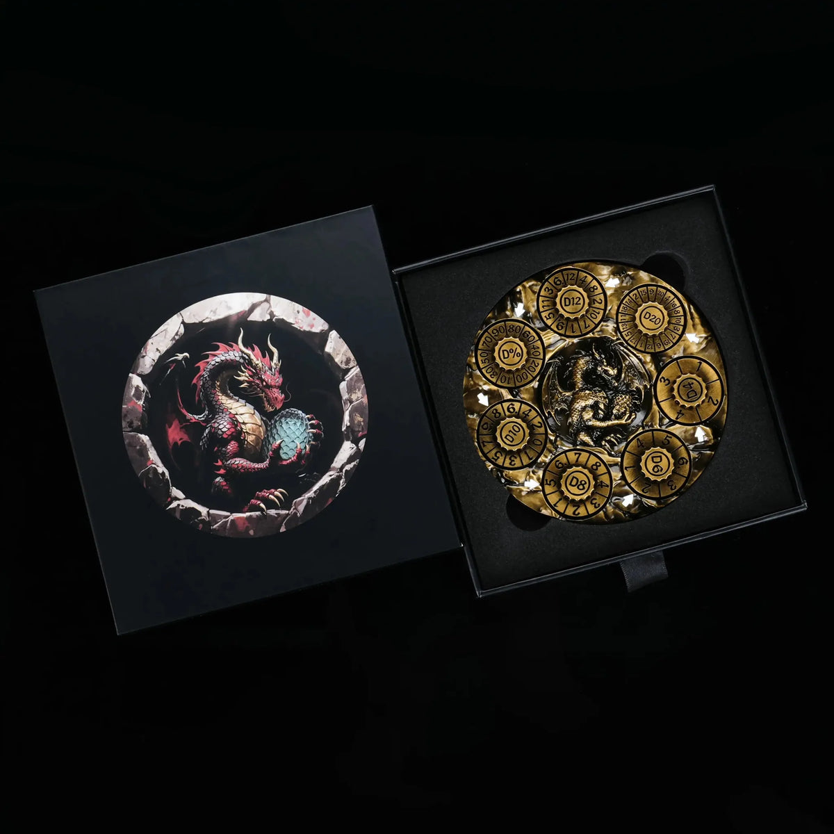 Dragon Metal Spinner Dice Set – Relief – Unique Dice Spinner: Antique Gold 7-in-1 Metal 3D Embossed Dragon DND Spinner