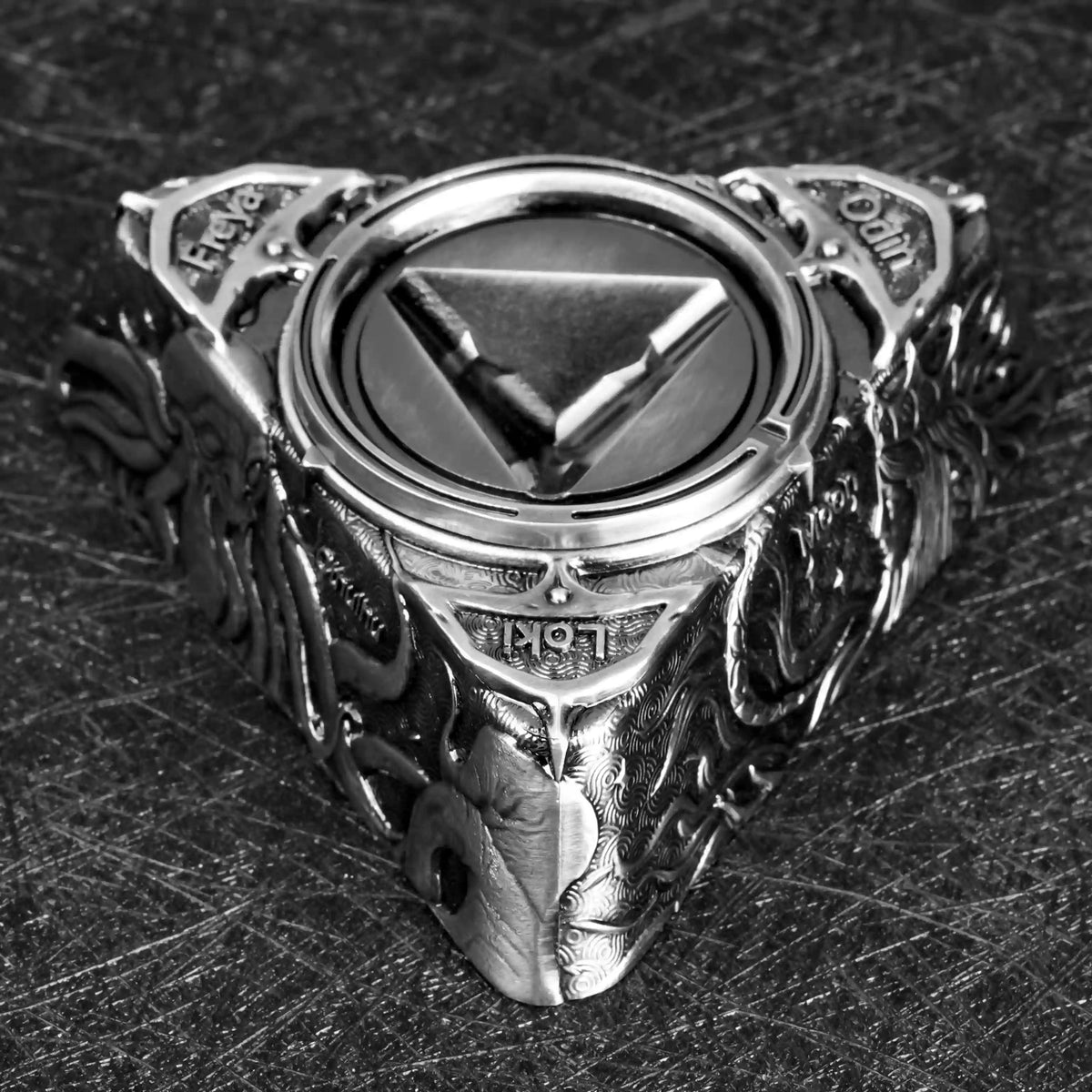 Star Metal Bullet Dice Set – Spinner – Antique Nickel D6 Spinning Base, with Loki, Odin, and Freya engraved on the base