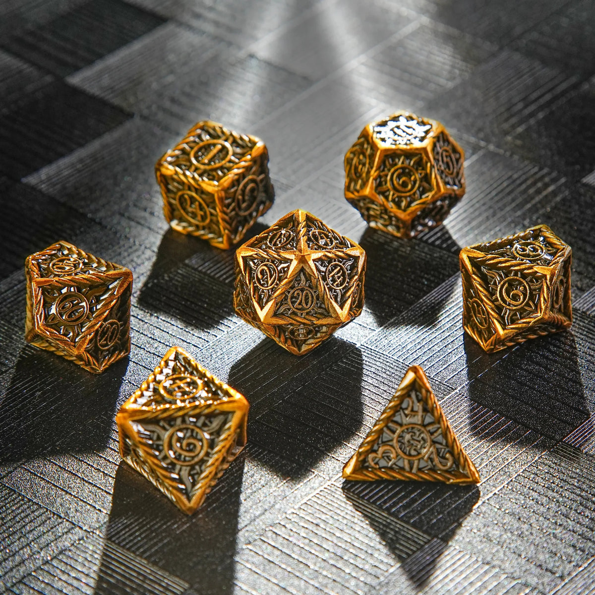 Antique Sun Metal DND Dice Set – Vintage Sun Pattern Antique Gold Solid Metal RPG Dice Set