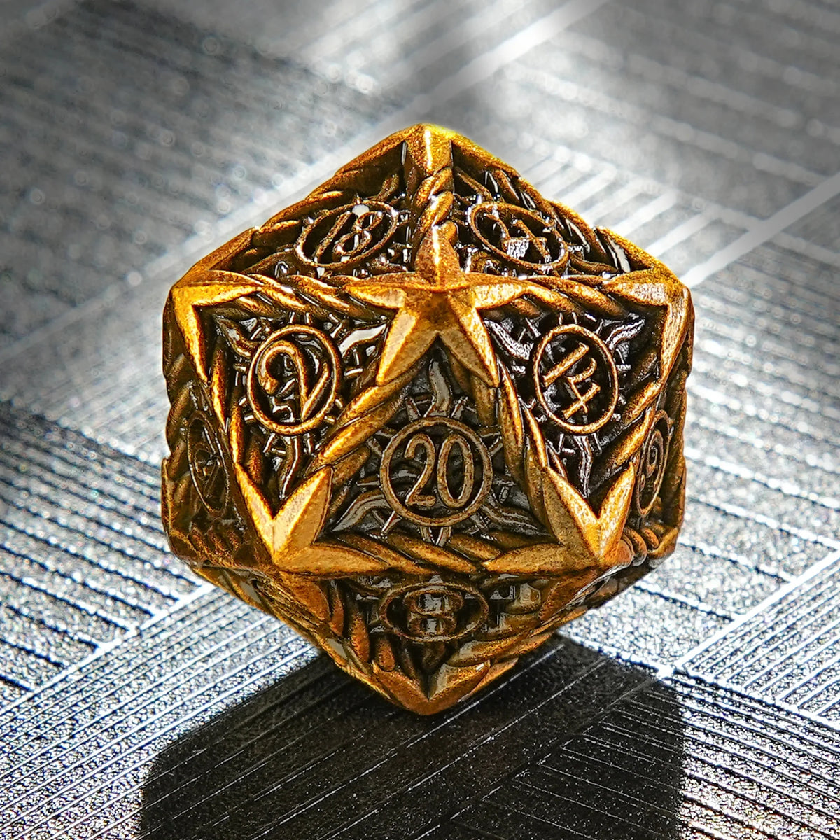 Antique Sun Metal DND Dice Set – Vintage Sun Pattern Antique Gold Solid Metal RPG Dice Set