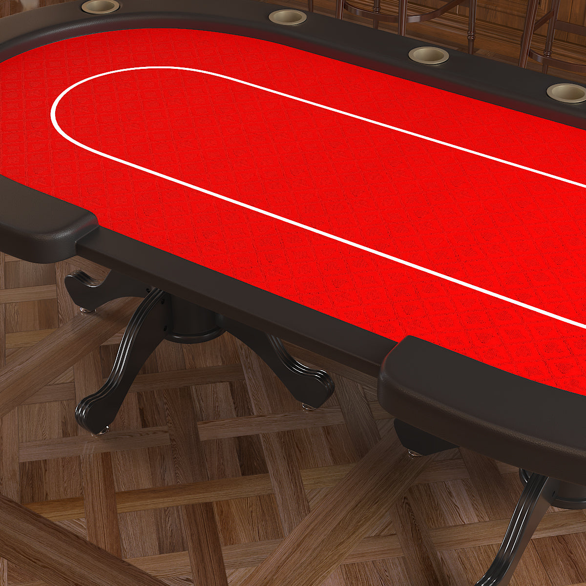 Poker Gaming Table – Metal – Seats Players – Aura Poker Table Angled View Featuring Red Felt Playing Surface White Bet