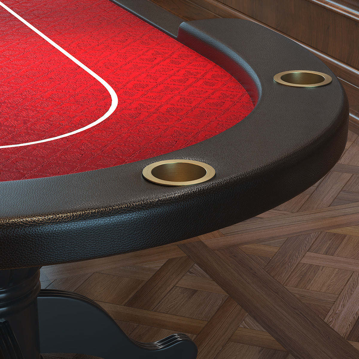 Poker Gaming Table – Metal – Seats Players – Aura Poker Table Close-Up of Jumbo Gold Cup Holders and Padded Black Vinyl