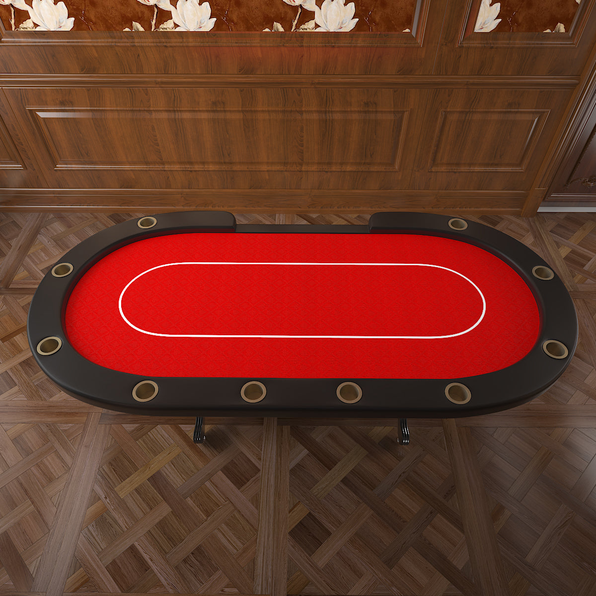 Poker Gaming Table – Metal – Seats Players – Aura Poker Table Top View Showing Red Speed Cloth Felt and White Bet Line