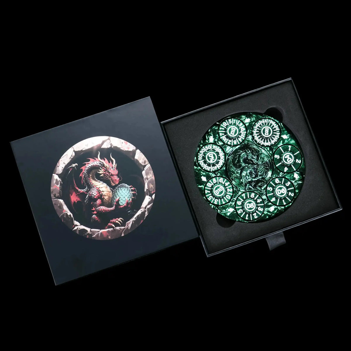 Dragon Metal Spinner Dice Set – Relief – Unique Dice Spinner: Aurora Green 7-in-1 Metal 3D Embossed Dragon DND Spinner