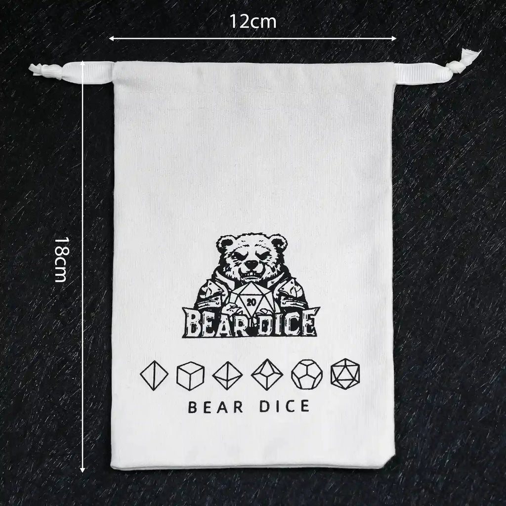 Bags Logo Dice Bag – White canvas drawstring dice bag with the logo, 18 cm long and 12 cm wide, holds 1 to 3 sets of