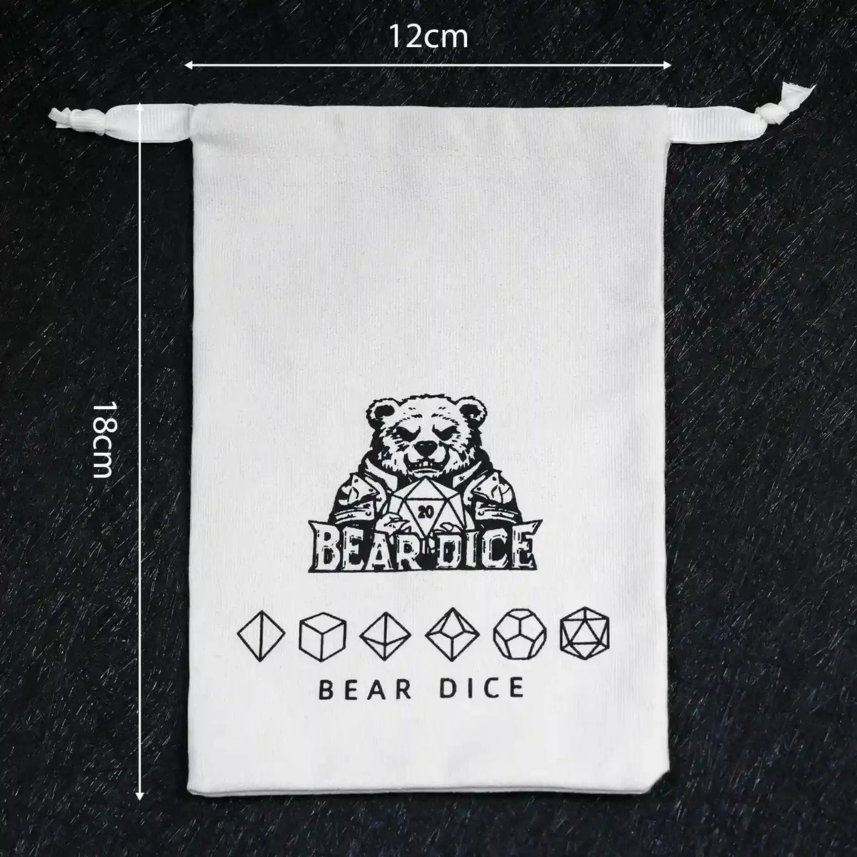 Bags Logo Dice Bag – White canvas drawstring dice bag with the logo, 18 cm long and 12 cm wide, holds 1 to 3 sets of