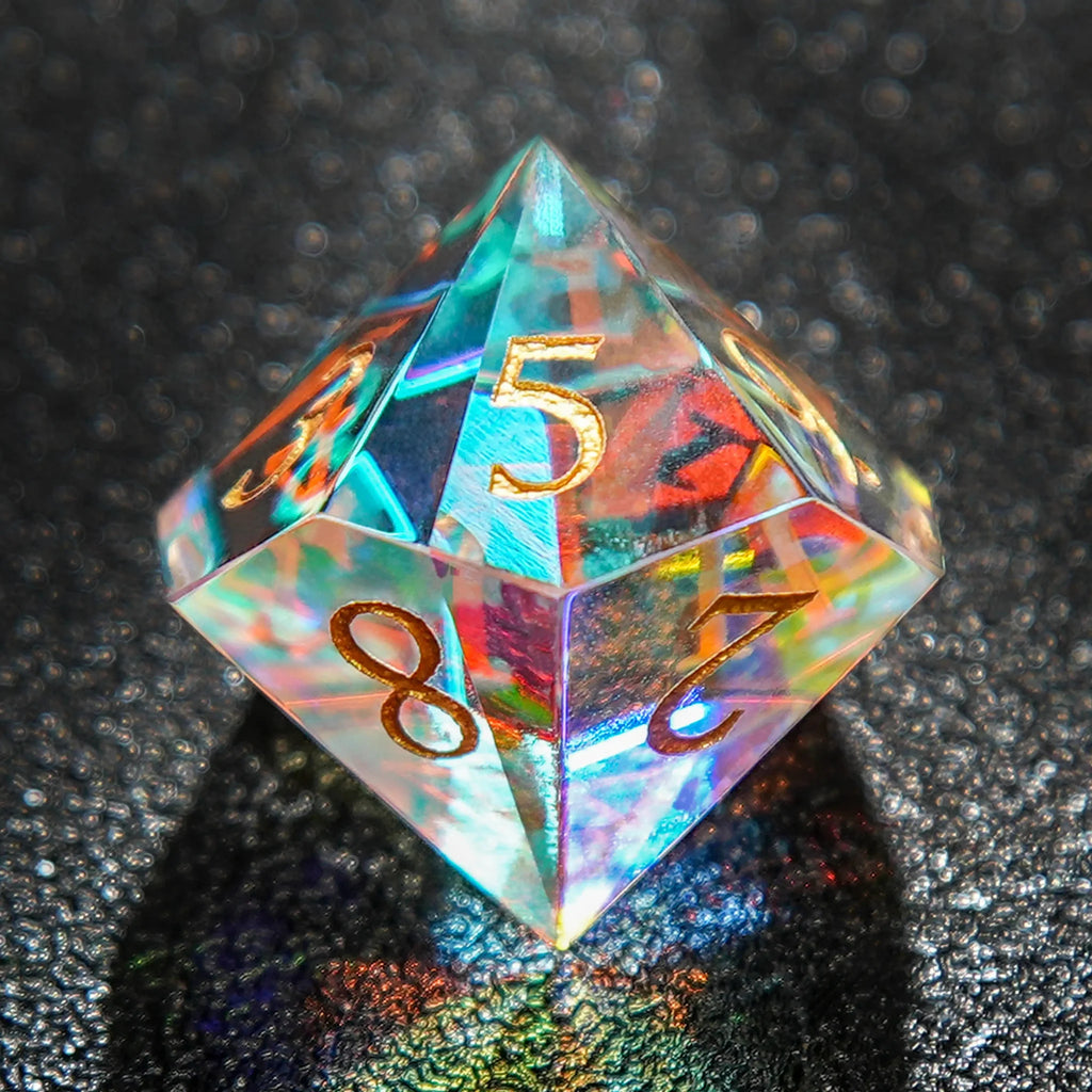 Bard Gemstone DND Dice Set – Prism Gem – Artistic Dice: Prism glass DND D10 dice, engraved with gold numbers, reflect