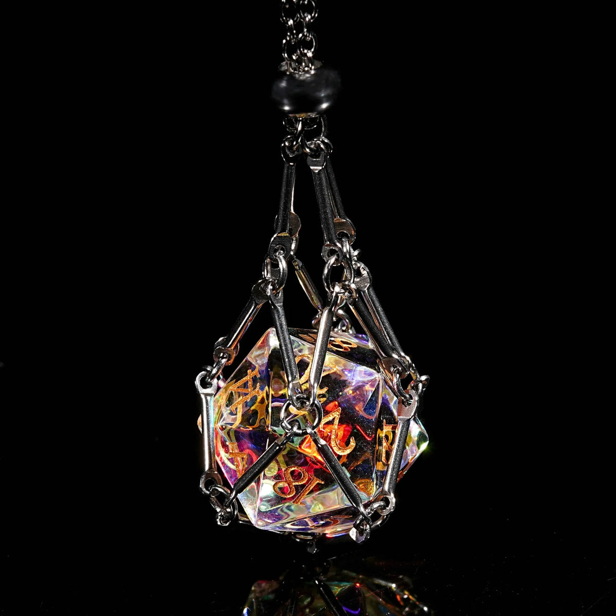 Bard Gemstone DND Dice Set – Prism Gem – Artistic dice: Prism glass DND D120 dice are encased in a gold D20 necklace.