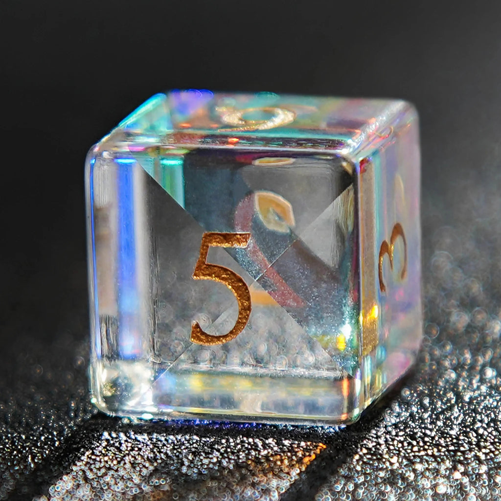 Bard Gemstone DND Dice Set – Prism Gem – Artistic Dice: Prism glass DND D6 dice, engraved with gold numbers, reflect a