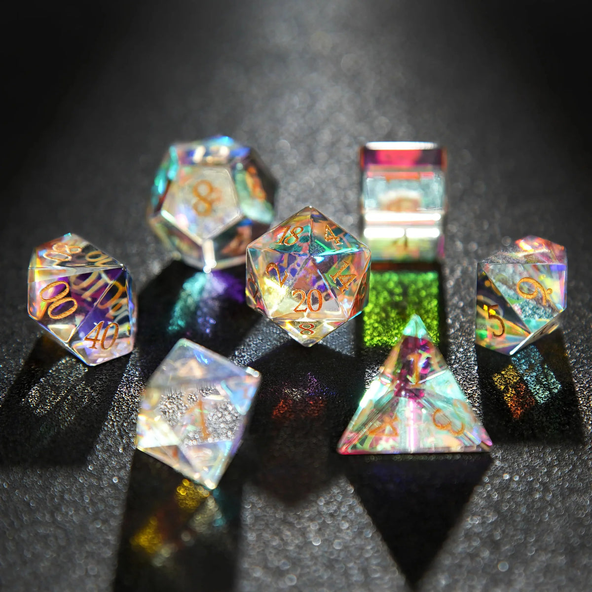 Bard Gemstone DND Dice Set – Prism Gem – Artistic Dice: Prism Glass DND Dice Set, engraved with gold numbers, reflects