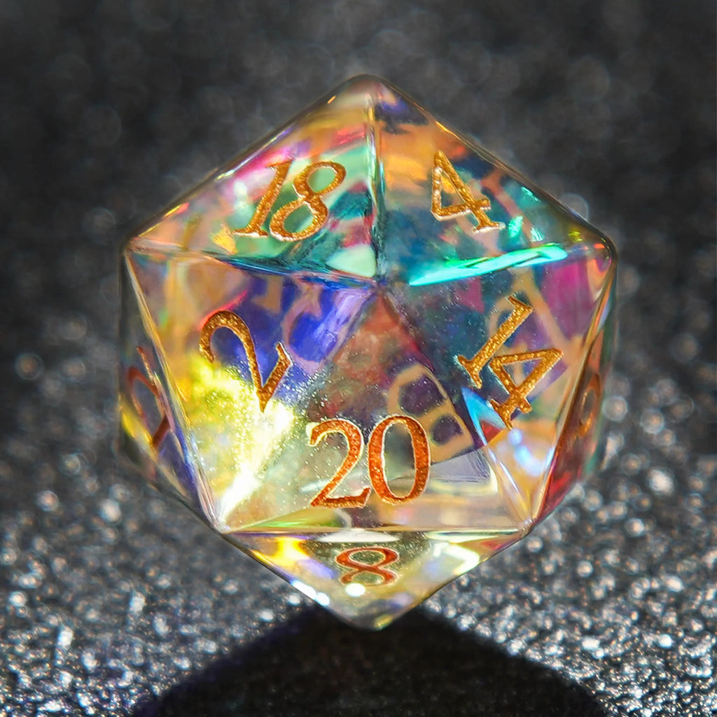 Bard Gemstone DND Dice Set – Prism Gem – Prism glass D20 dice, engraved with gold numbers, refract colorful light and