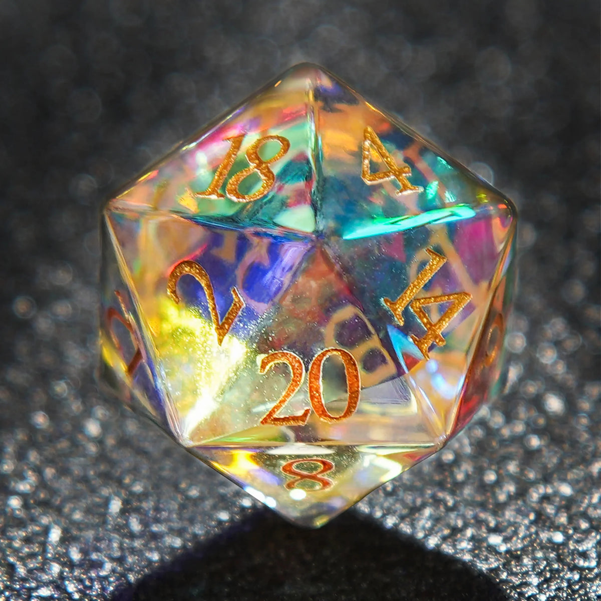 Bard Gemstone DND Dice Set – Prism Gem – Prism glass D20 dice, engraved with gold numbers, refract colorful light and