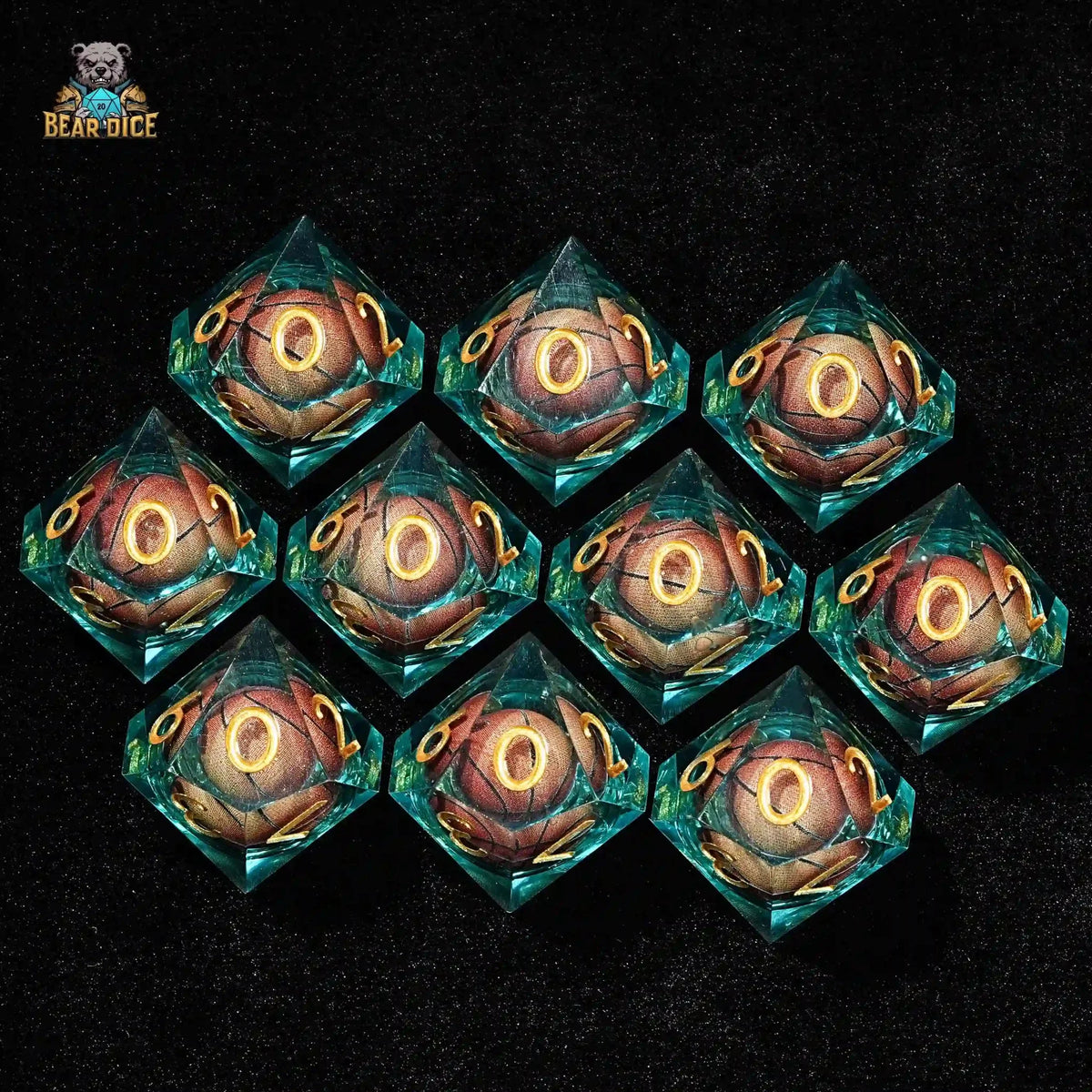 Basketball Clear Liquid Core Dice Set – Blue Clear Resin D10 Dice - Basketball Liquid Core 10 Sided Dice