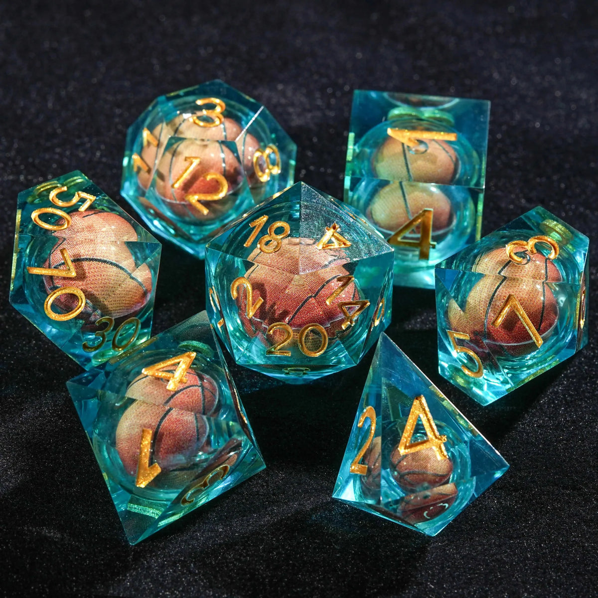 Basketball Liquid Core DND Dice Set – Gold Numbers – Aqua Blue Transparent Resin Basketball Core DND Dice Set