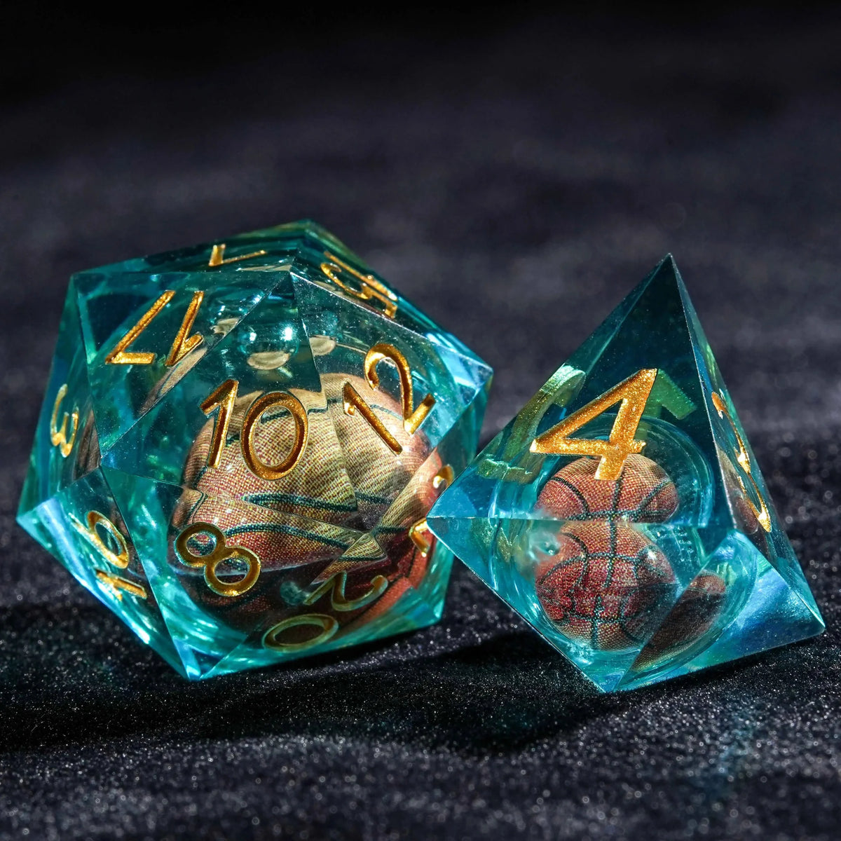 Basketball Liquid Core DND Dice Set – Gold Numbers – Aqua blue transparent resin basketball core DND D4 and D20 dice