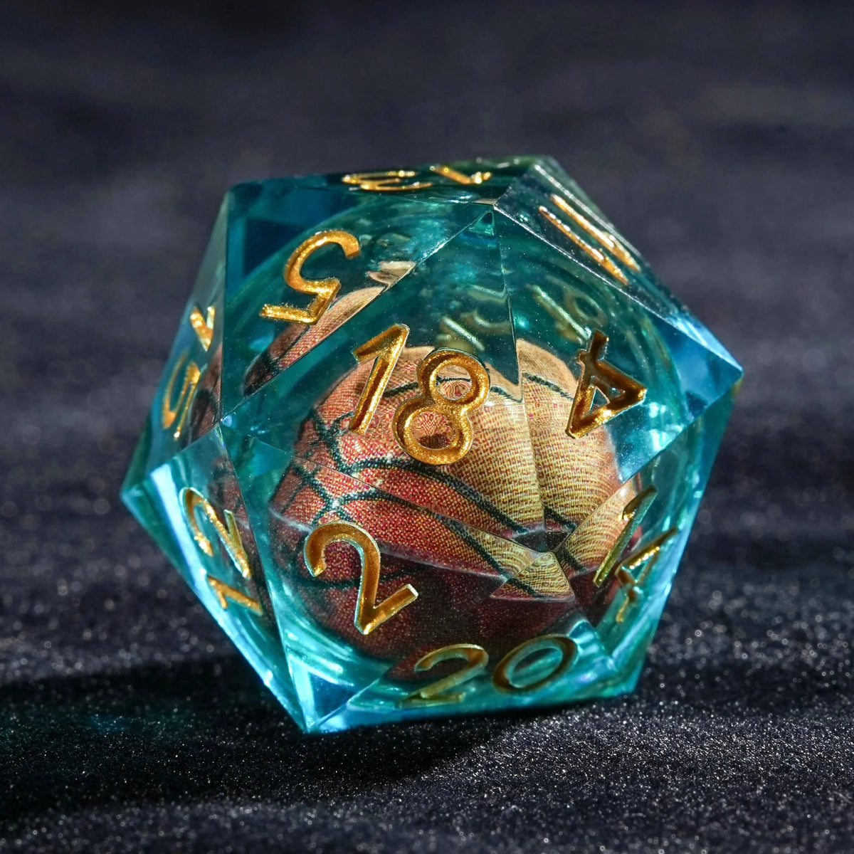Basketball Liquid Core DND Dice Set – Gold Numbers – Round basketball core blue transparent resin DND D20 dice