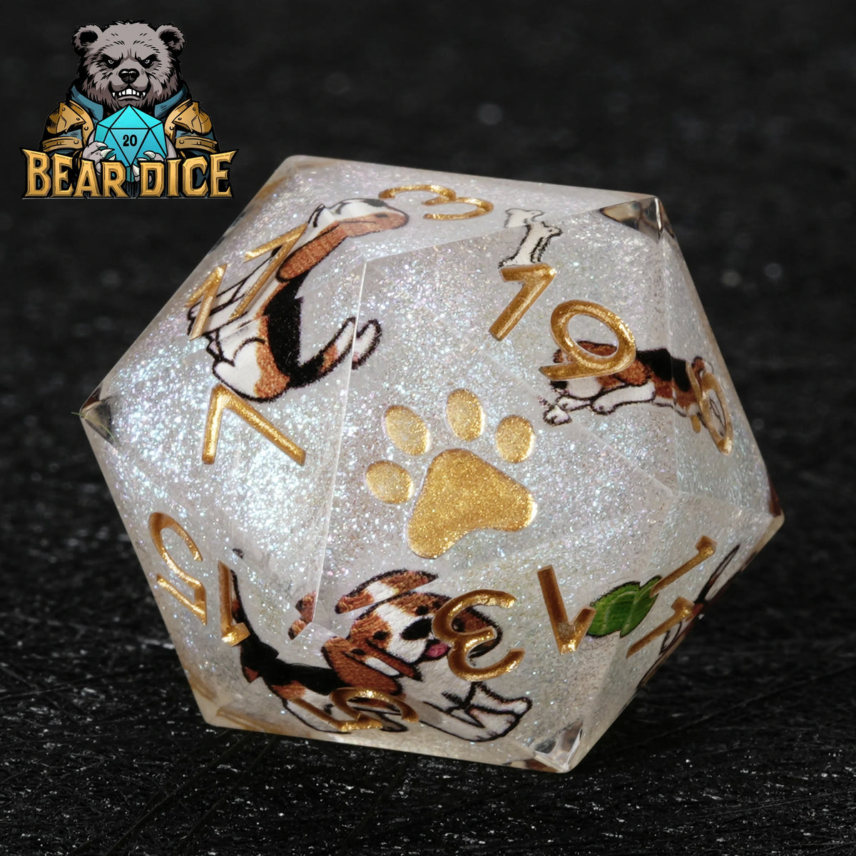 Beagle Glitter Resin D20 Dice Set