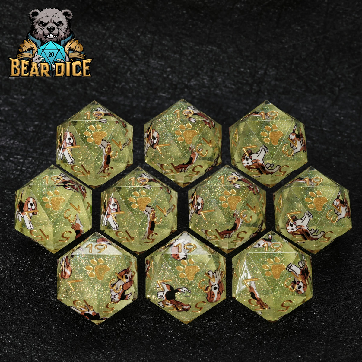 Beagle Glitter Resin RPG Dice Set