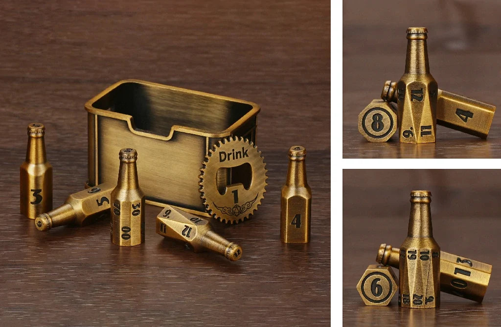 Bee Metal DND Dice Set – Beer Bottle – Kickstarter 1 – Unique Antique Gold Metal Beer Bottle DND Polyhedral Dice Set