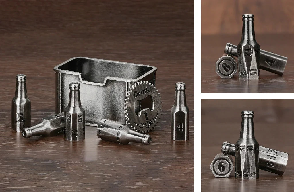 Bee Metal DND Dice Set – Beer Bottle – Kickstarter 1 – Unique Antique Nickel-Finish Metal Beer Bottle DND Polyhedral