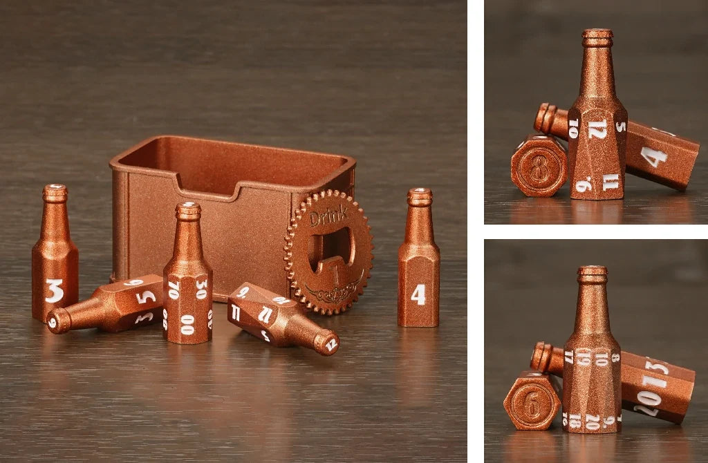 Bee Metal DND Dice Set – Beer Bottle – Kickstarter 1 – Unique Orange Metallic Beer Bottle D&D Polyhedral Dice Set with