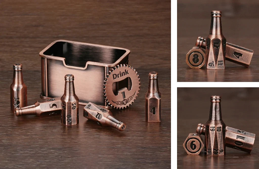 Bee Metal DND Dice Set – Beer Bottle – Unique Copper-Colored Metal Beer Bottle D&D Polyhedral Dice Set