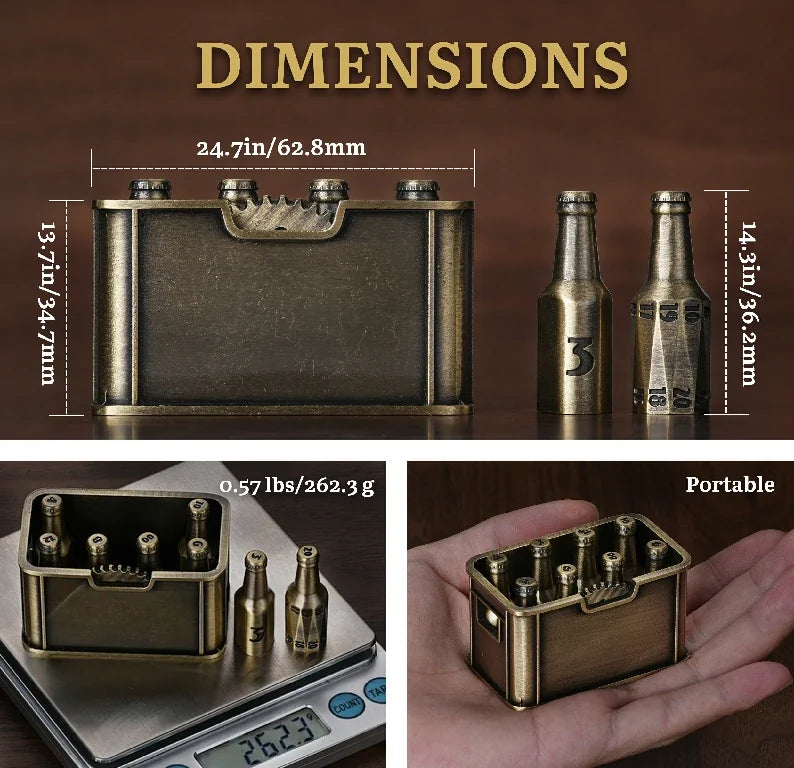 Bee Metal RPG Dice Set – Dimensions of the unique metal beer bottle dice set: The beer bottle dice case measures 62.8