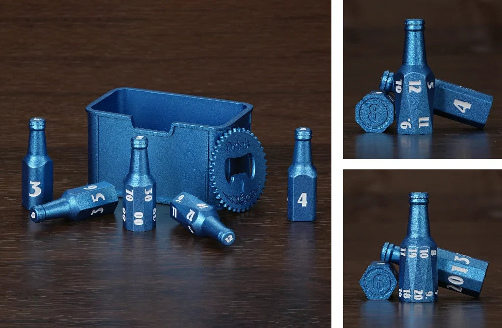 Bee Metal RPG Dice Set – Unique Blue Metallic Beer Bottle D&D Polyhedral Dice Set with White Numbers