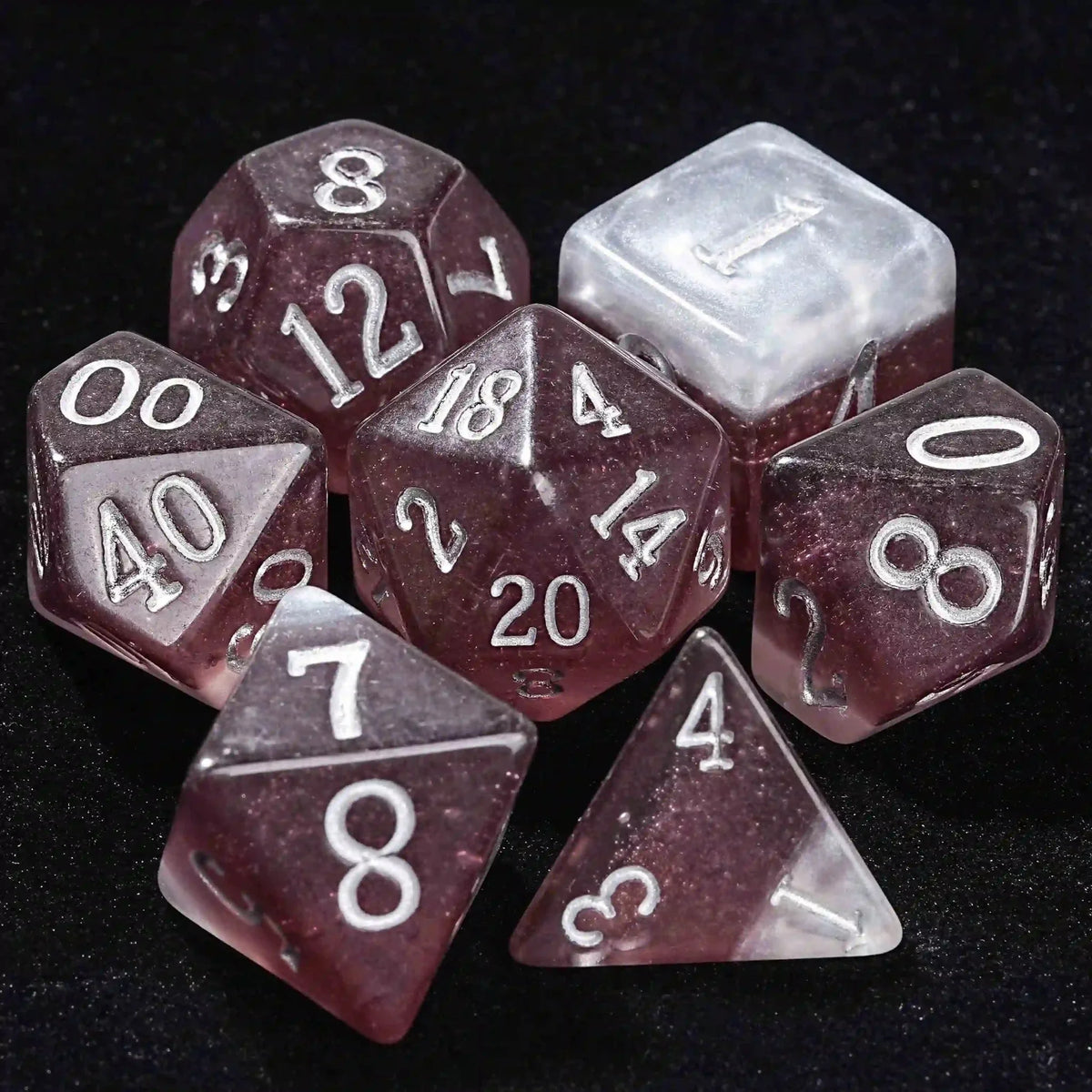Bee Resin DND Dice Set – Dark Beer – Brownish-red polyhedron dnd dark beer dice set with silver numbers (D4, D6, D8