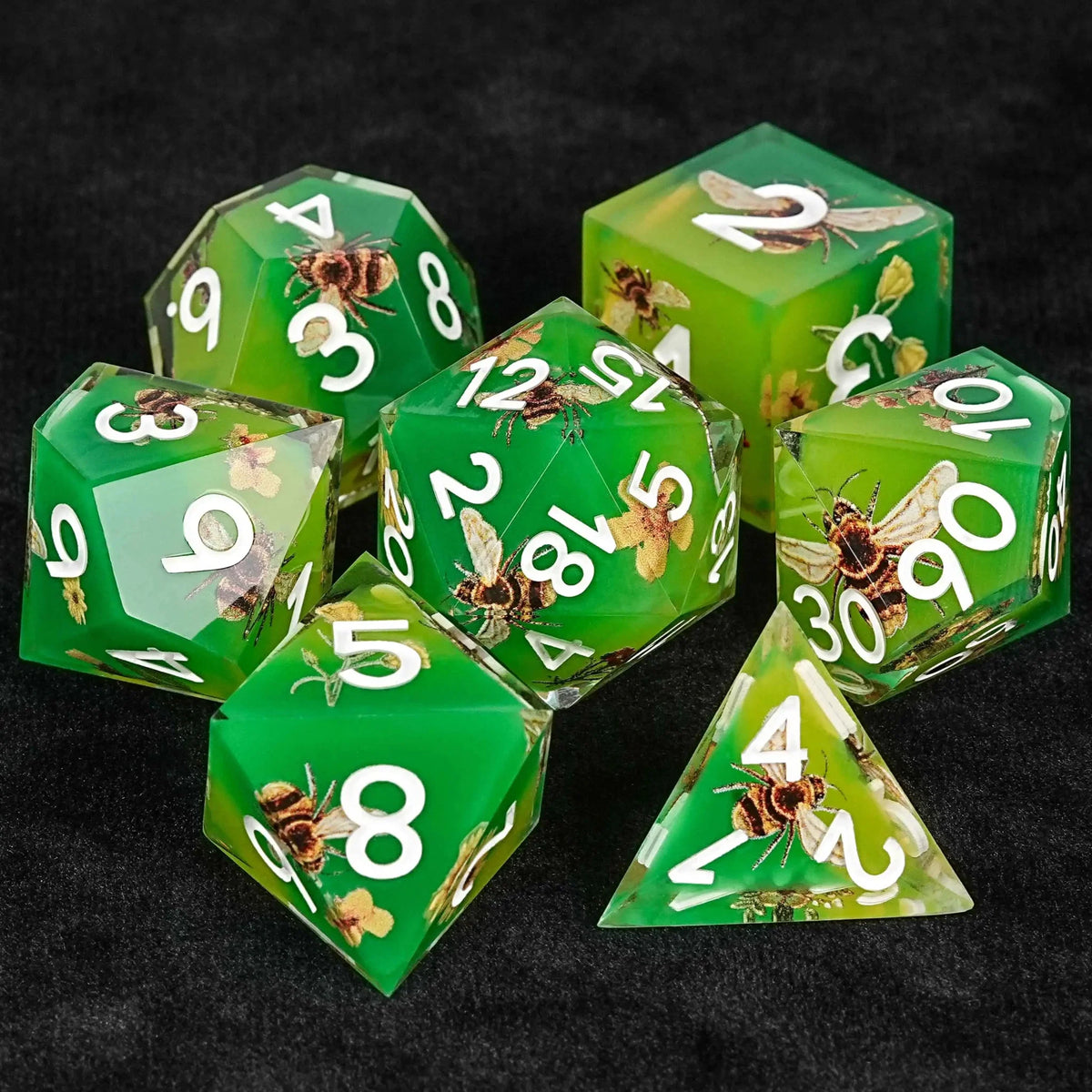 Bee Resin RPG Dice Set – Honey Flowers – Bees Collecting Honey from Flowers Yellow - Green Resin RPG Dice Set + White