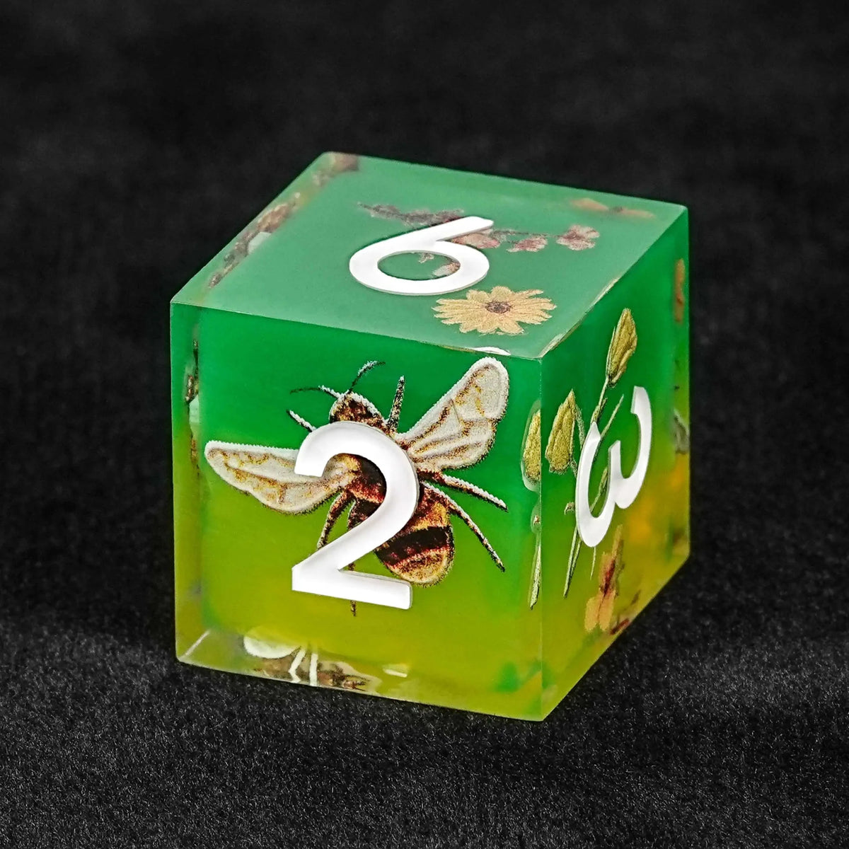 Bee Resin RPG Dice Set – Honey Flowers – Bees Collecting Honey from Flowers Yellow - Green Resin RPG Dice Set + White