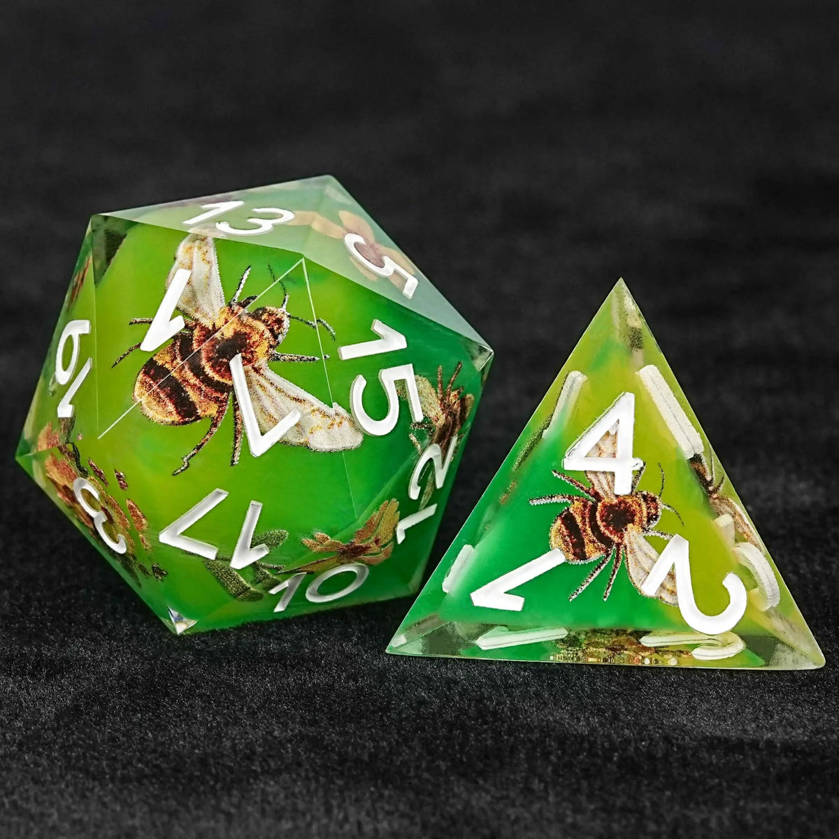 Bee Resin RPG Dice Set – Honey Flowers – Bees Collecting Honey from Flowers Yellow - Green Resin RPG Dice Set + White