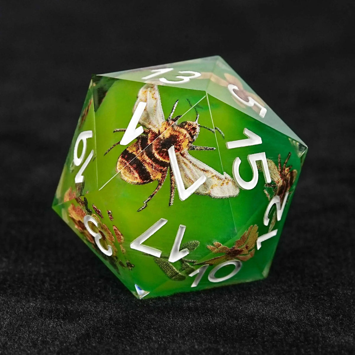 Bee Resin RPG Dice Set – Honey Flowers – Bees Collecting Honey from Flowers Yellow - Green Resin RPG Dice Set + White
