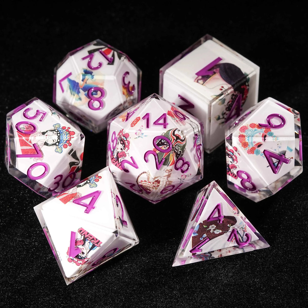 Beijing Opera Resin DND Dice Set – Oriental Culture - White Resin DND Dice Set + Purple Font
