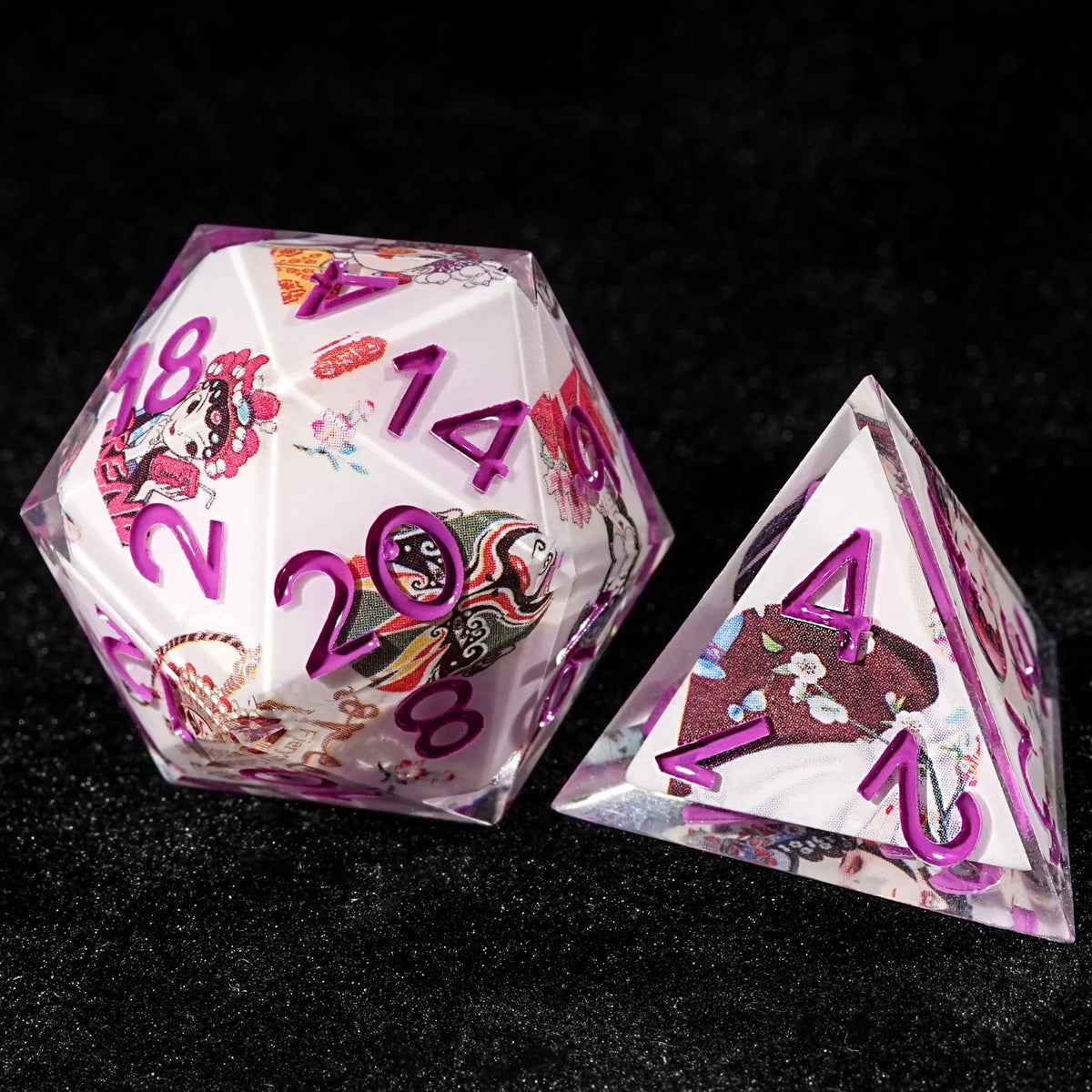 Beijing Opera Resin DND Dice Set – Oriental Culture - White Resin DND Dice Set + Purple Font