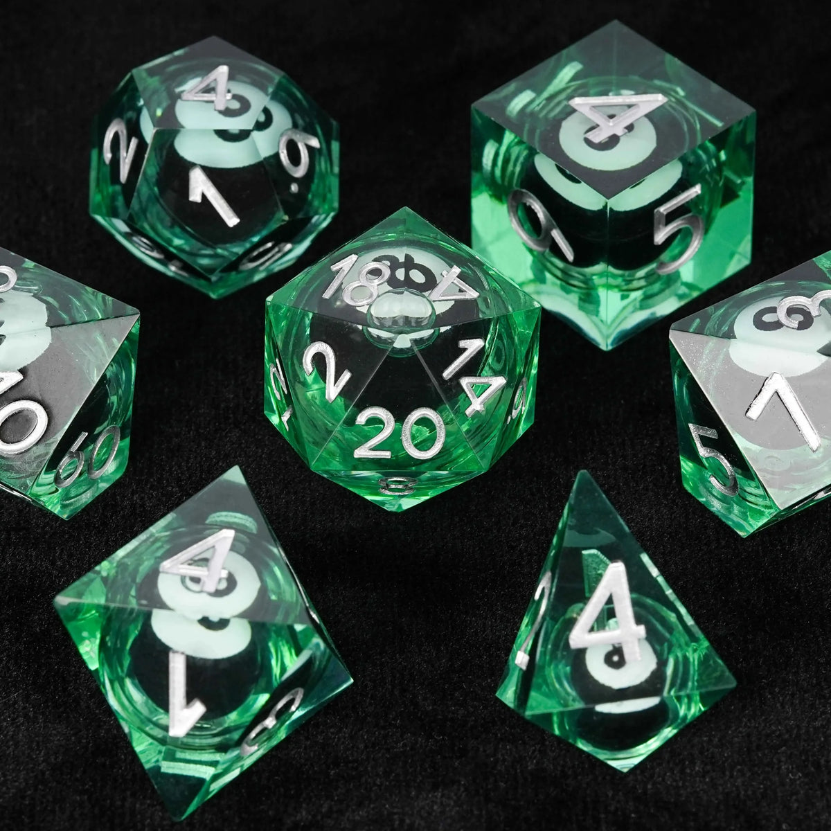 Billiard Liquid Core DND Dice Set – Black and White No. 8 Billiard Ball Core Green Resin DND Dice Set + Silver Font