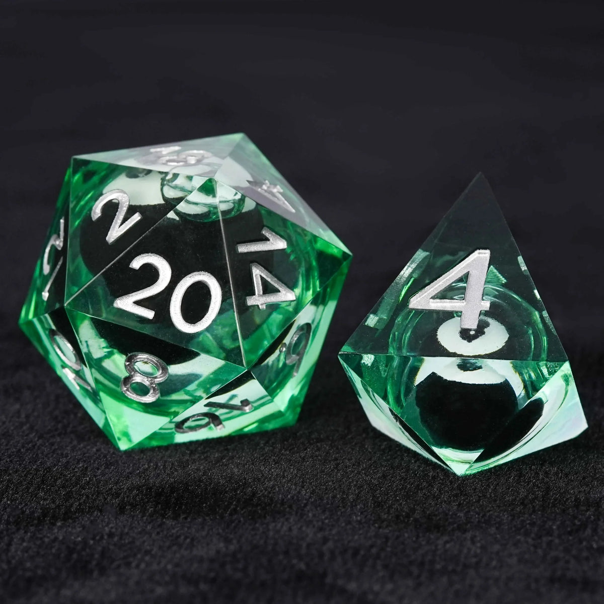 Billiard Liquid Core DND Dice Set – Black and White No. 8 Billiard Ball Core Green Resin DND Dice Set + Silver Font