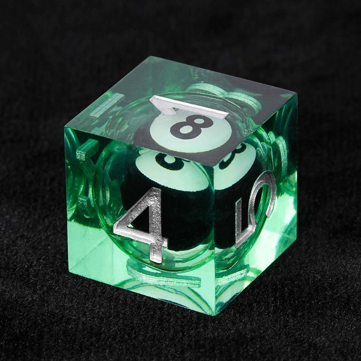 Billiard Liquid Core DND Dice Set – Black and White No. 8 Billiard Ball Core Green Resin DND Dice Set + Silver Font