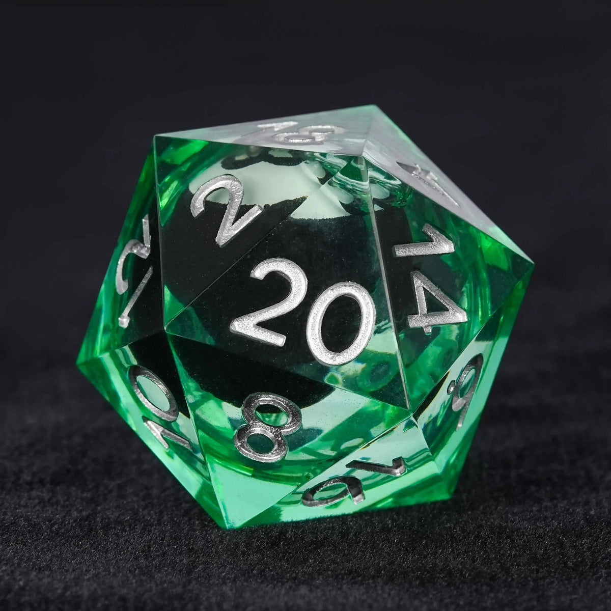 Billiard Liquid Core DND Dice Set – Black and White No. 8 Billiard Ball Core Green Resin DND Dice Set + Silver Font
