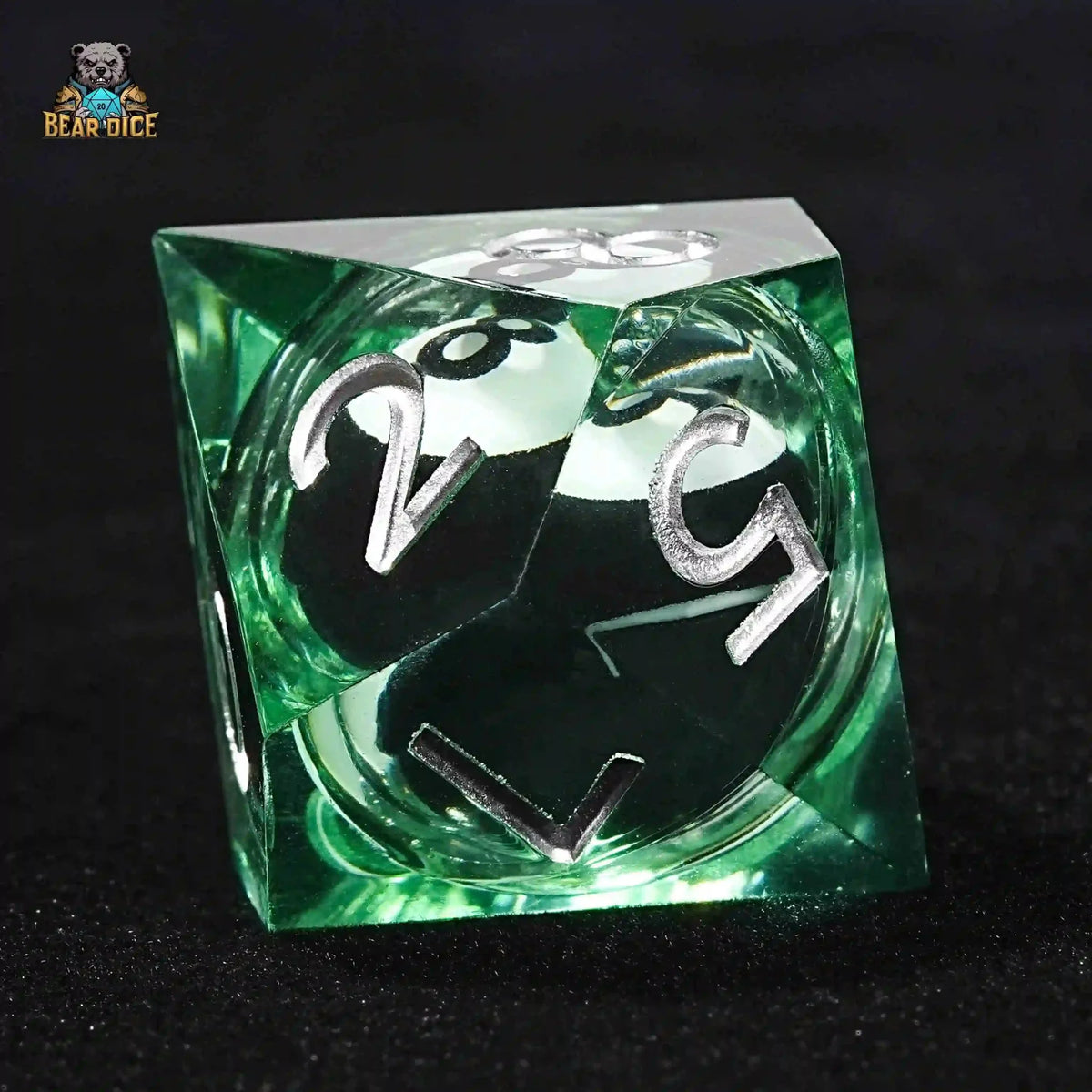 Billiards Fluid Liquid Core Dice Set – Green Clear Resin No.8 Billiard Liquid Core D10 Dice (with Silver Numbers)