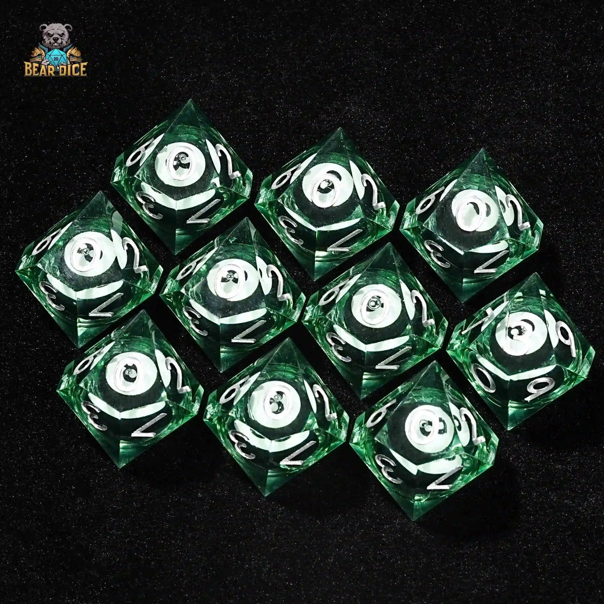 Billiards Fluid Liquid Core Dice Set – Ten green transparent resin size 8 billiard liquid core D10 dice (engraved with