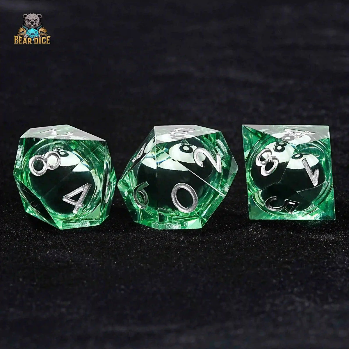Billiards Fluid Liquid Core Dice Set – Three green clear resin No. 8 billiard liquid core D10 dice (with silver