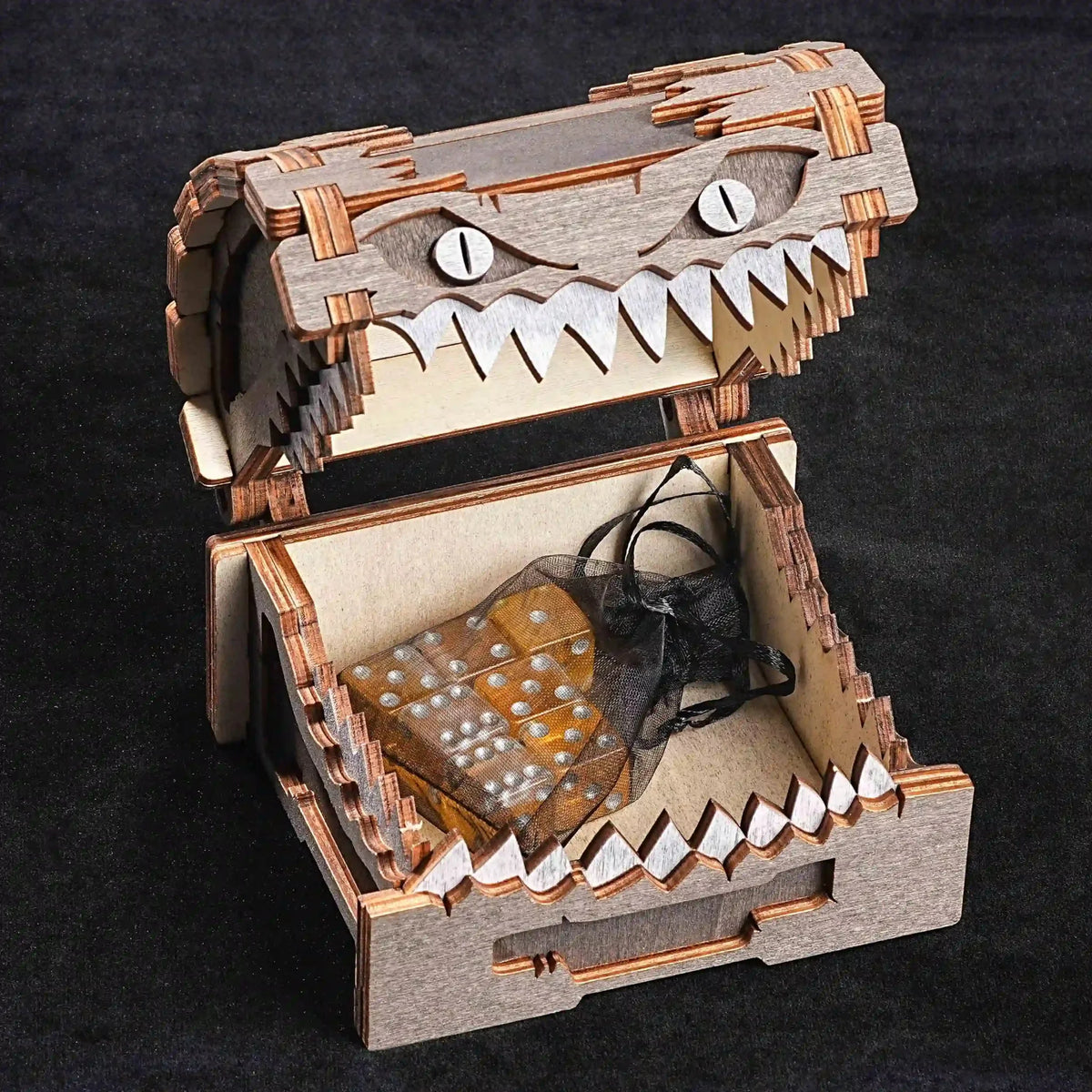 Bite Dice Box – Wooden – Unique Sawtooth Monster Dice Organizer - Wooden DND Dice Storage Box - DND Monster Gift