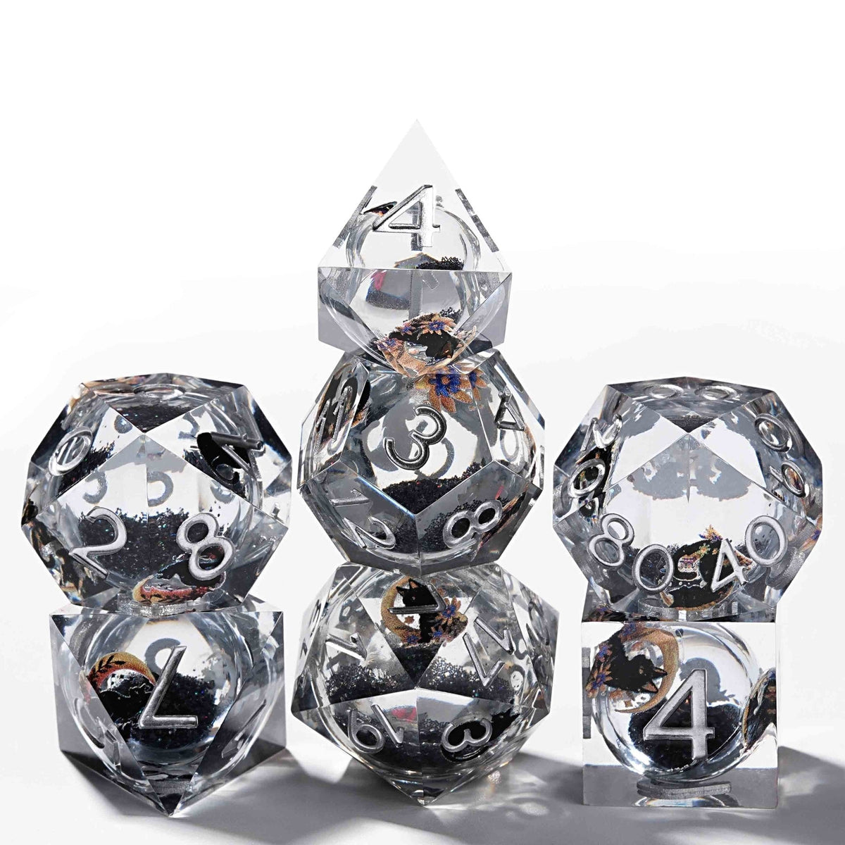 Black Cat Liquid Core Dice Set – Black Cat Liquid Core Clear Resin D&D Dice, Quicksand Dice Set