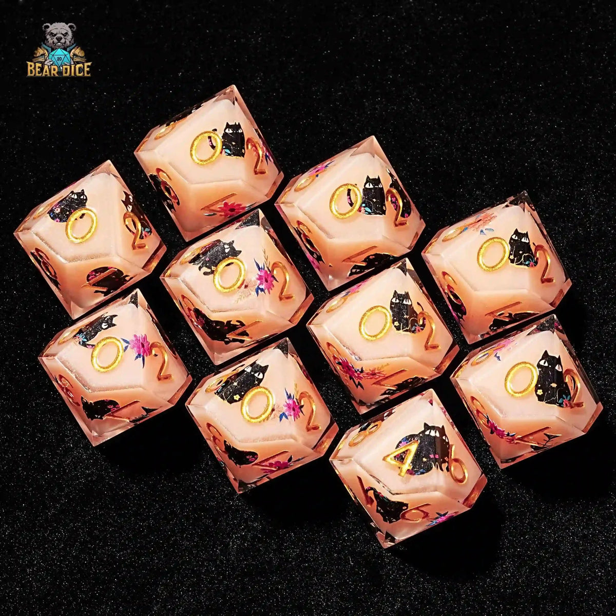 Black Cat Resin D10 Dice – Flower Black Cat 10 Sided Dice Flesh Pink Resin D&D D10 Dice