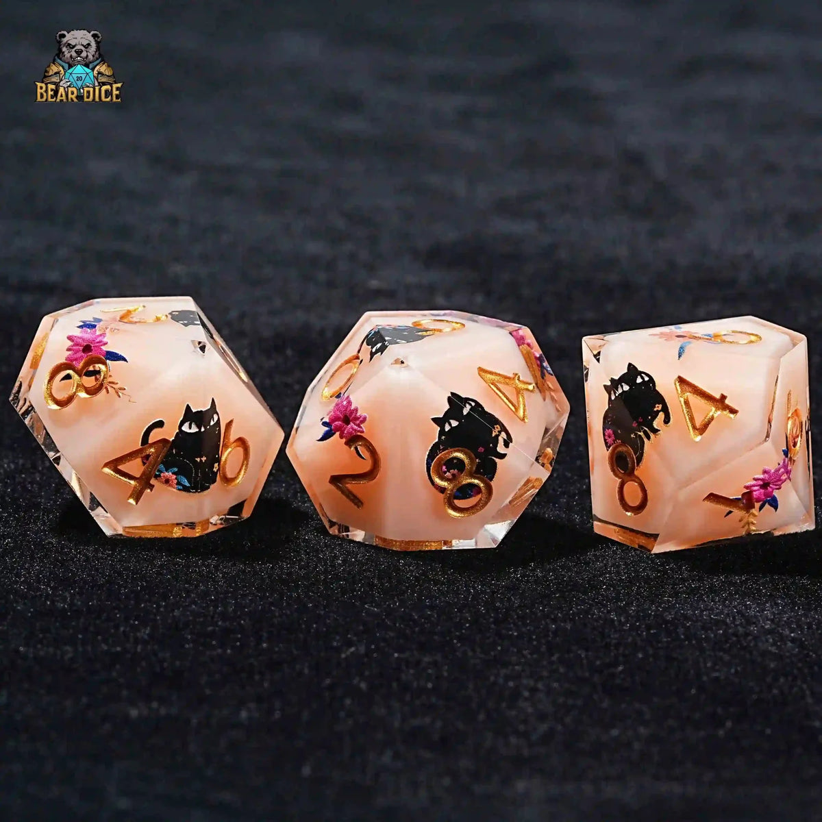 Black Cat Resin D10 Dice – Flower Black Cat 10 Sided Dice Flesh Pink Resin D&D D10 Dice