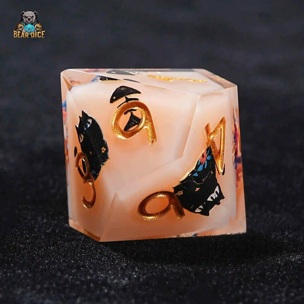 Black Cat Resin D10 Dice – Flower Black Cat 10 Sided Dice Flesh Pink Resin D&D D10 Dice